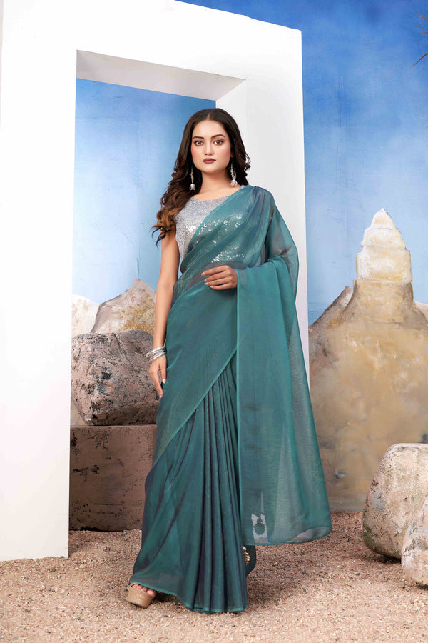 Modern Teal green Silk satin Saree Paired